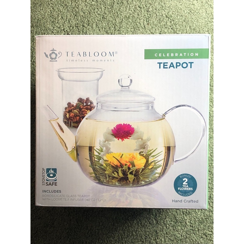 Teabloom Stovetop & Microwave Safe Glass Teapot (40 OZ) with Removable Loose Tea